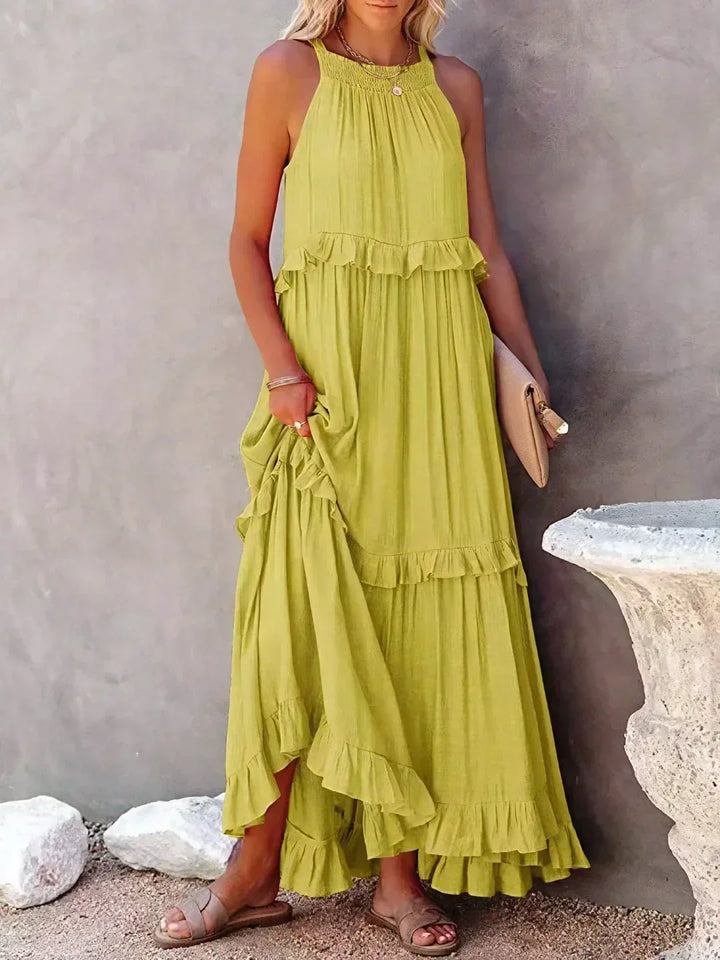 Charlize™ - Sunshine Breeze Halter Ruffle Maxi Dress