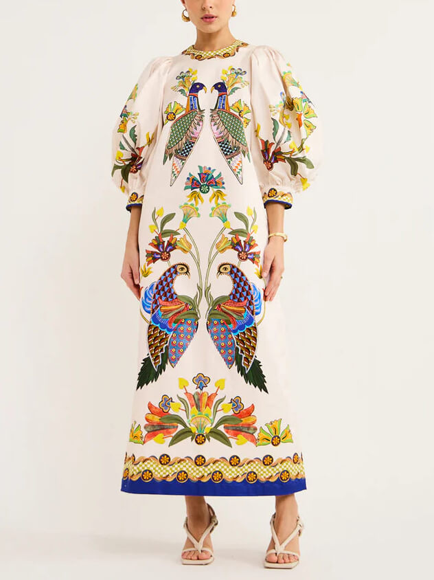 Lila™ - Fun Printed Puff Sleeve Midi Dress