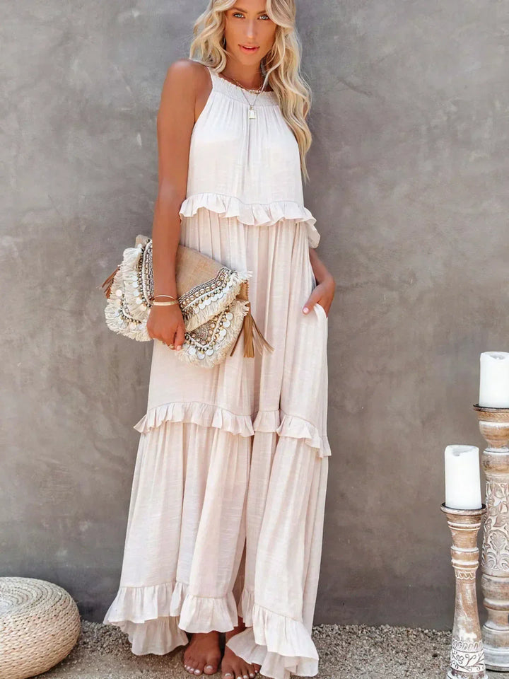 Charlize™ - Sunshine Breeze Halter Ruffle Maxi Dress