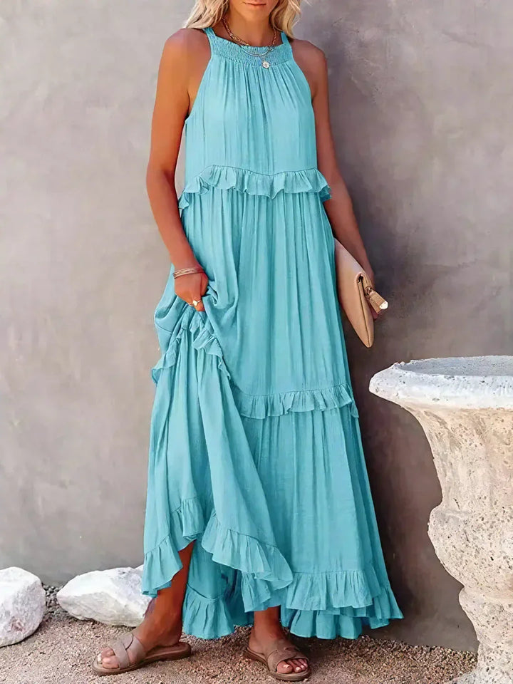 Charlize™ - Sunshine Breeze Halter Ruffle Maxi Dress