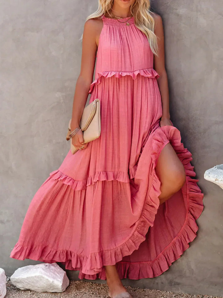 Charlize™ - Sunshine Breeze Halter Ruffle Maxi Dress