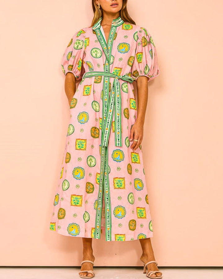 Orla™ - Balloon Sleeves Printed Belt Pocket Midi Dress