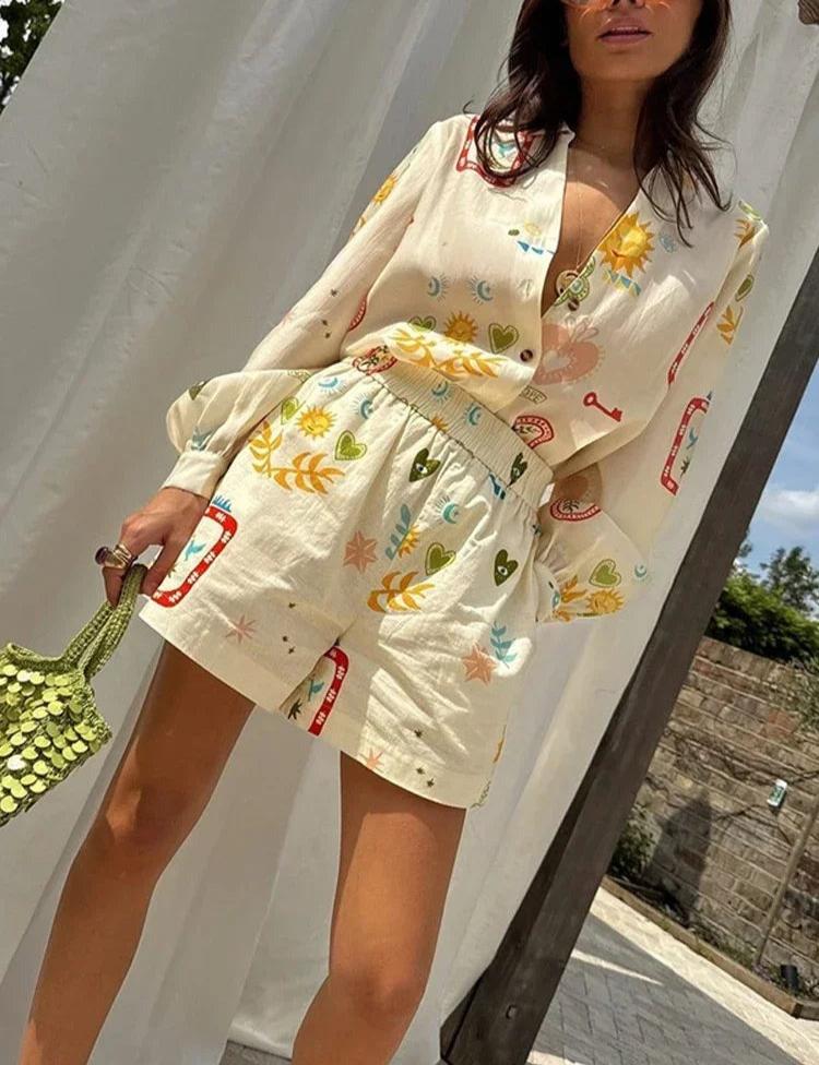 Nina™ - Vacation Printed Long Sleeve Shirt & Elastic Waist Shorts Set