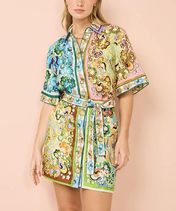 Sasha™ - Unique Printed Shirt Style Tie-waist Mini Dress