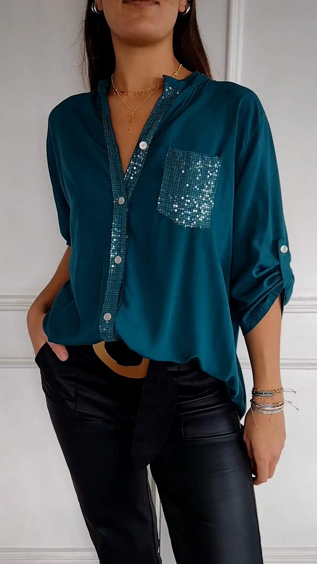 Sequin™ V-neck Mid-sleeve Casual Top