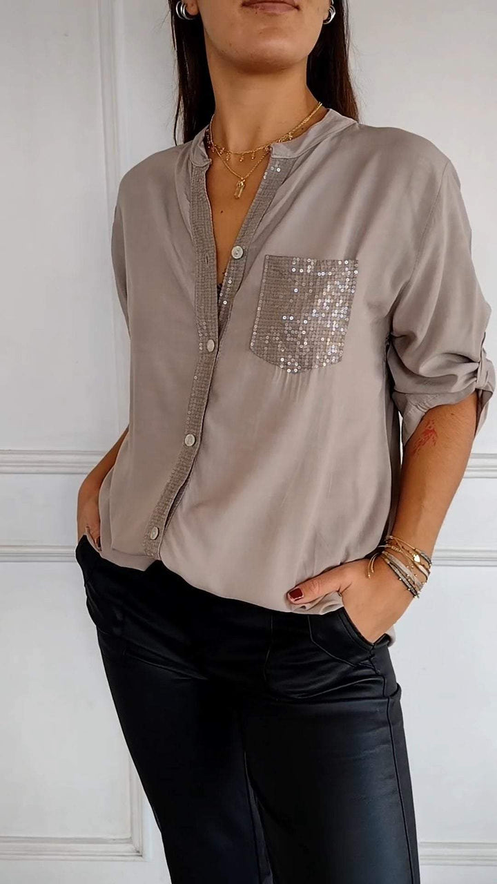 Sequin™ V-neck Mid-sleeve Casual Top