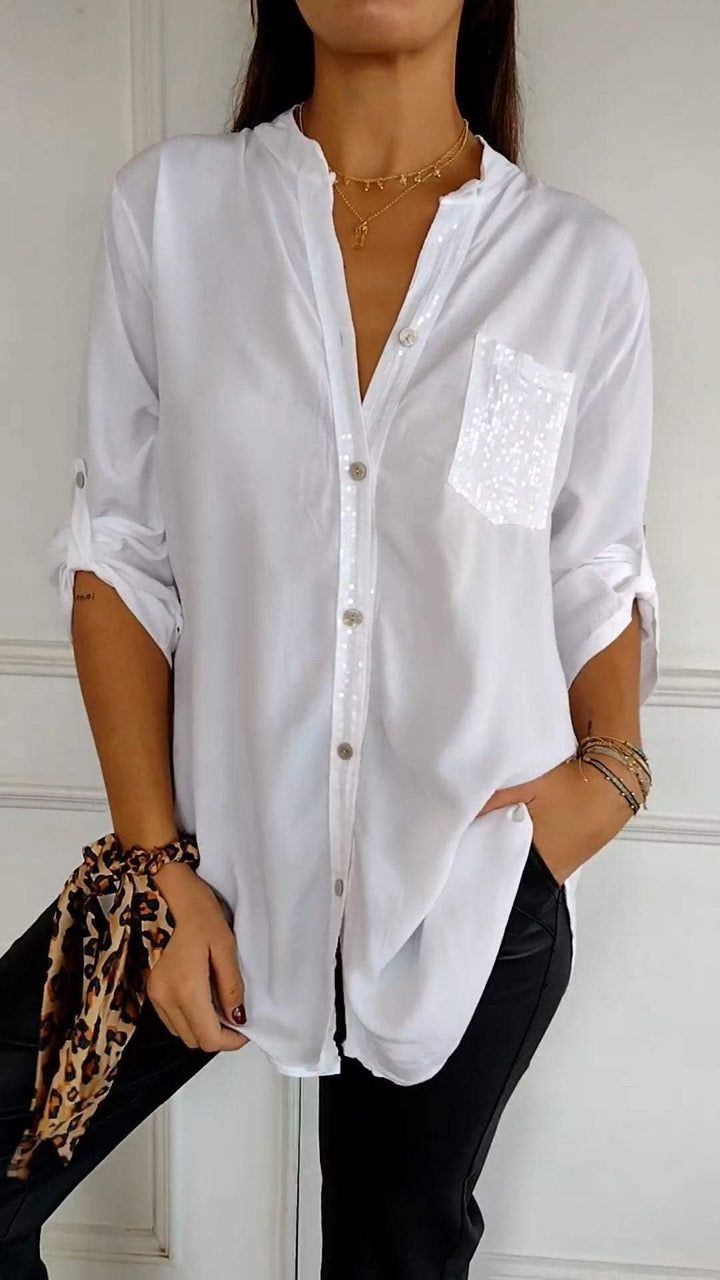 Sequin™ V-neck Mid-sleeve Casual Top