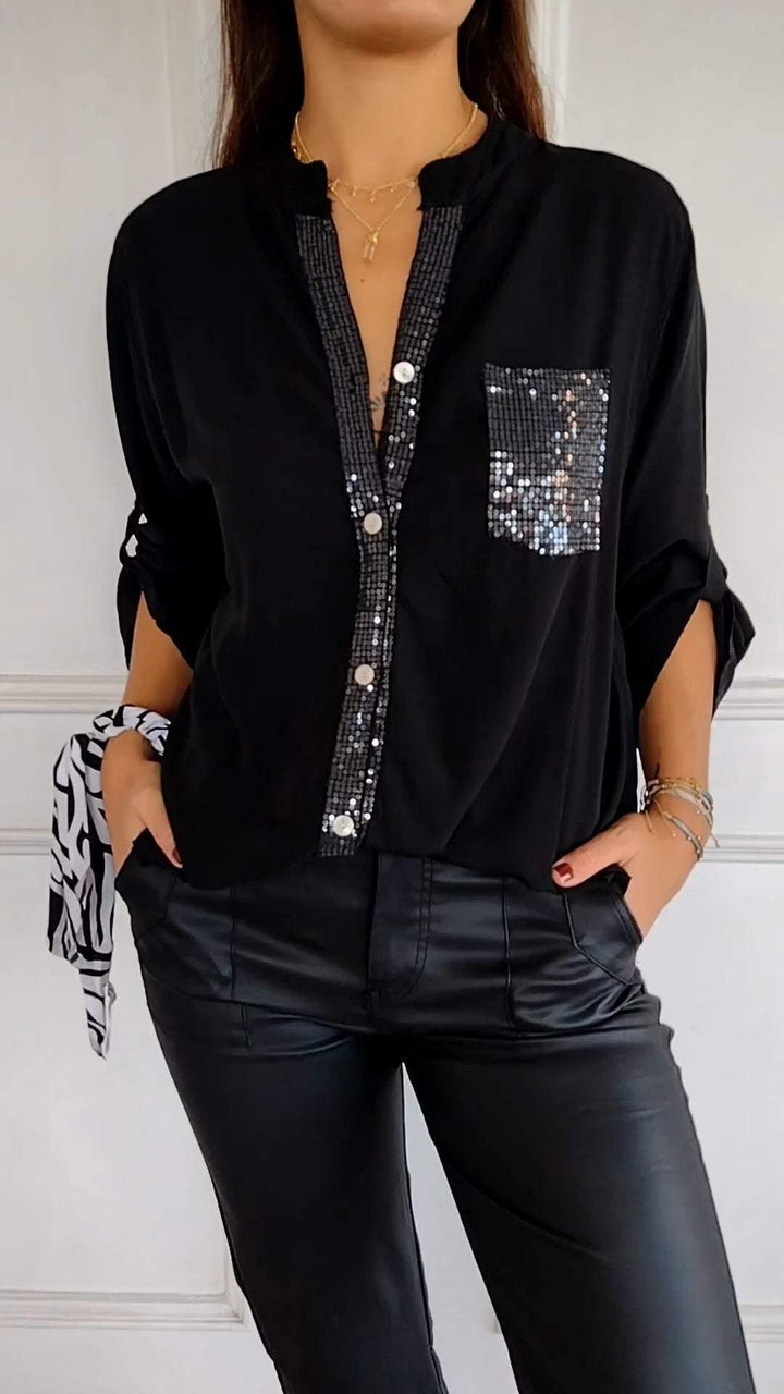 Sequin™ V-neck Mid-sleeve Casual Top