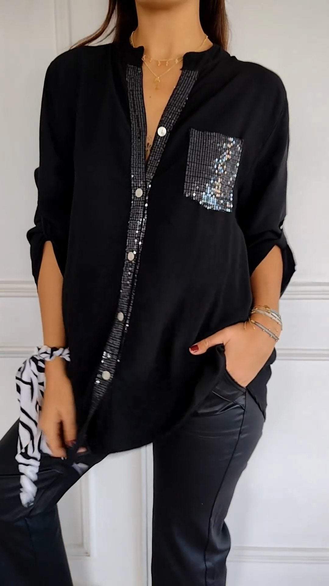 Sequin™ V-neck Mid-sleeve Casual Top